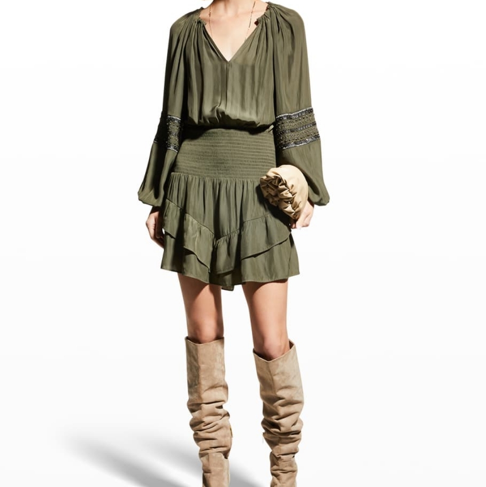 Ramy Brook Dress Olive Green Ralphie Ruffle Smocked Beaded Mini Dress Med Boho